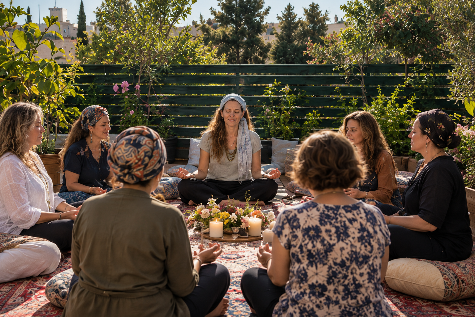 Women's meditation circle on the rooftop terrace at Villa Talbiyeh