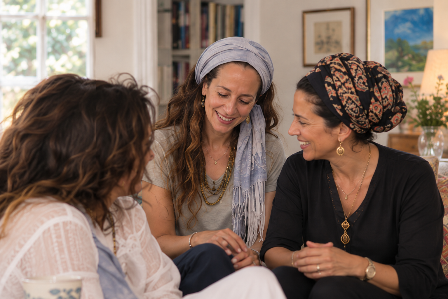 Three women in a warm, close conversation during a Villa Talbiyeh retreat sharing circle